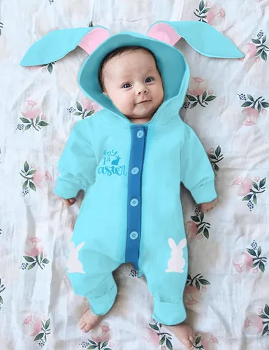 Vista 3 de Queenstyle Traje de Pascua para bebé niño, mameluco de manga larga con capucha y orejas de conejo para bebé niño