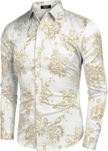 Vista 3 de COOFANDY Camisas de vestir de lujo para hombre con estampado de flores, camisa brillante con botones