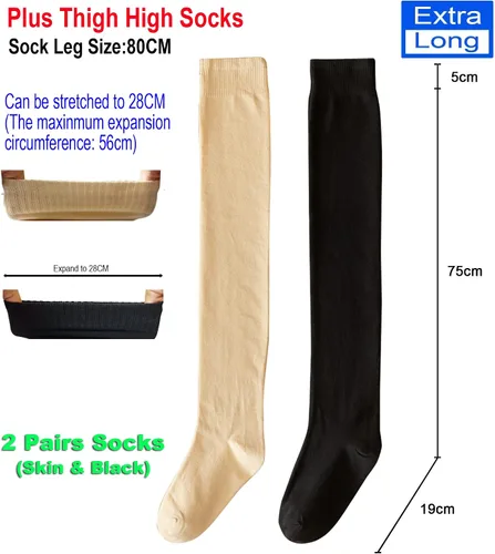 Vista 2 de lqmosu 2 pares de calcetines altos hasta el muslo de talla grande para muslos gruesos, medias extra largas sobre la rodilla para mujer, calentadores