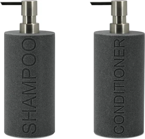 Vista 11 de Paquete de 2 botellas recargables de resina negra mate para champú y gel de baño – Juego de dispensadores de bomba modernos para baño, recipientes