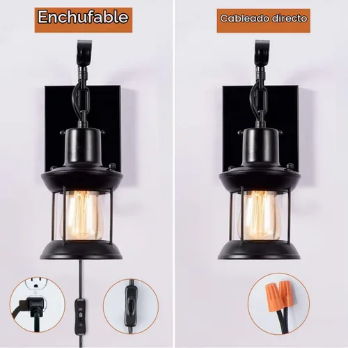 Vista 3 de GLADFRESIT Lámparas de pared rústicas, aplique de pared tipo farol enchufable, apliques de pared antiguos negros, luminarias de iluminación de pared