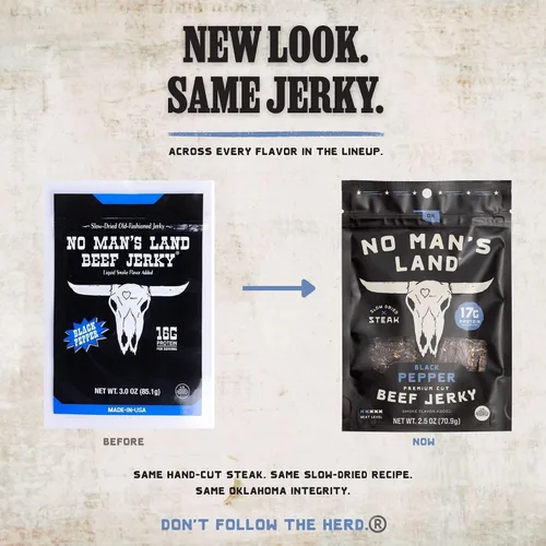 Vista 5 de No Mans Land Beef Jerky - Pimienta negra Tiras de carne seca secadas lentamente, ahumadas y sazonadas Bocadillo de carne de res alto