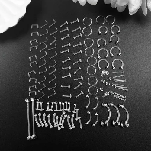 Vista 5 de Kit de 109 piezas de retenedores de piercings transparentes, nariz, tabique, ceja, labio, labio, labio, lengua, vientre, tragus, cartílago, anillos