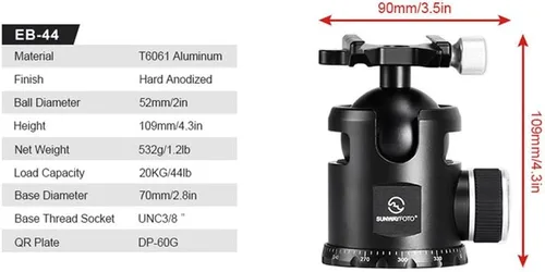 Vista 8 de SUNWAYFOTO Epic EB-52 - Cabezal de bola de trípode de 2.047 in y placa QR compatible con Arca/RRS Sunway