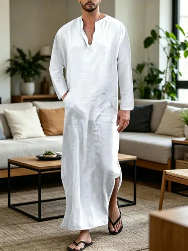 Vista 6 de Jacansi - Bata de cuello en V para hombre, manga corta, división lateral, caftán de algodón, thobe largo, tallas S-3XL Blanco (White #1)