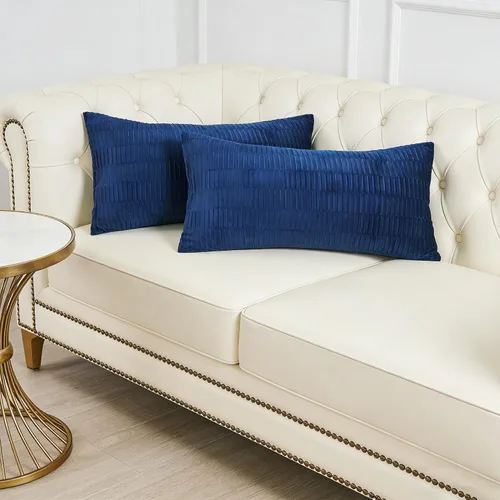 Vista 3 de Juego de 2 fundas de almohada decorativas de terciopelo a rayas plisadas de 14 x 26 pulgadas, funda de cojín rectangular suave y elegante para sofá