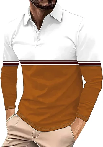 Vista 4 de Camisa polo para hombre, manga larga, cuello abotonado, bloque de color, moda para trabajo y golf