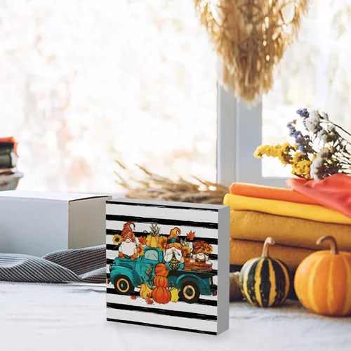Vista 3 de Señal de Camión de Gnomos Otoñales Rústicos con Calabaza para Decoración de Otoño para Hogar Oficina Interior Decoración de Escritorio de Otoño