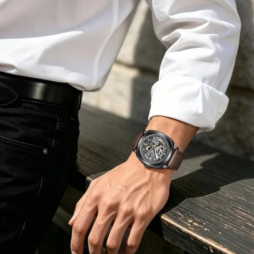 Vista 4 de BENYAR Mens Automatic Mechanical Watch Skeleton Dress Watch for Men Gris negro