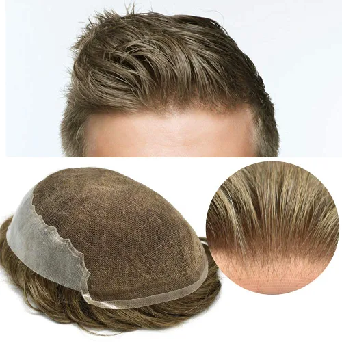 Vista 20 de FACE MIRACLE - Extensiones de cabello humano con encaje frontal francés y nudos blanqueados para hombre, sistema de reemplazo de cabello