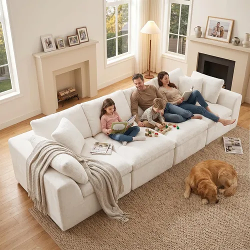 Vista 6 de Sofás de nube beige para sala de estar, sofá deshuesado de 4 plazas, sofá modular seccional, no requiere montaje, tapizado de chenilla, moderno