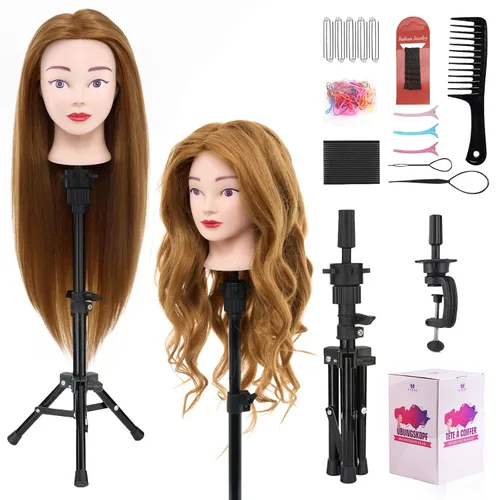 Vista 14 de Cabeza de maniquí de 18 pulgadas de cabello humano con soporte - Cabeza de maniquí 100% cabello real para práctica de maquillaje, cabeza de muñeca