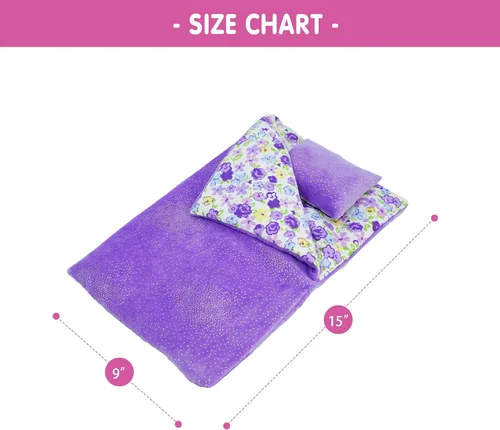 Vista 4 de June Garden Cozy Dream - Saco de dormir reversible para muñeca, juego de 2 piezas, accesorio para muñeca con almohada, se adapta a muñecas American