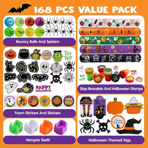 Vista 2 de JOYIN Juego de 168 piezas de artículos de papelería de Halloween, paquete de 24 bolsas de regalo con etiqueta de Halloween, incluyendo dientes