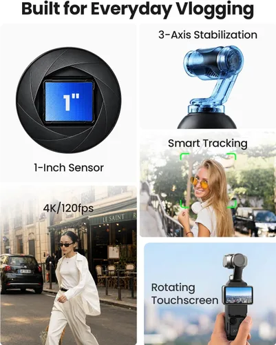Vista 7 de Xtra Muse con microSD de 128 GB, cámara de vlogging con videos CMOS de 1 pulgada y 4K/120fps, cámara de bolsillo con estabilizador de cardán de 3