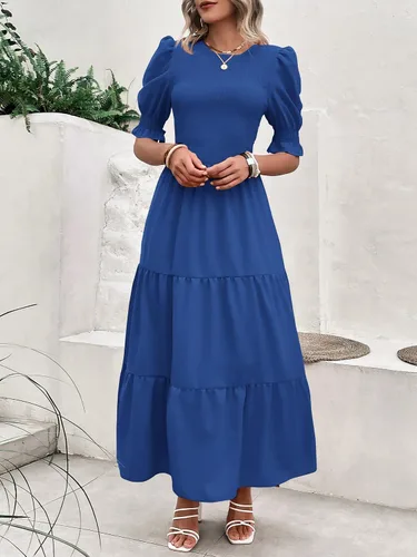 Vista 67 de BTFBM Vestidos para mujer, cuello redondo, casual, de verano, con volantes, manga corta, bohemio, con niveles, fruncido, largo, con estampado floral