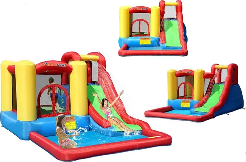 Vista 8 de Bounceland Parque de juegos inflable con salto y aventura de salpicaduras o tobogán acuático todo en uno, piscina grande, área de salto divertida