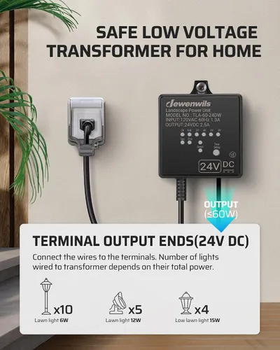 Vista 6 de DEWENWILS Transformador de paisaje de bajo voltaje, 60 W 120 V CA a 24 V CC, transformador de iluminación de paisaje con temporizador y sensor