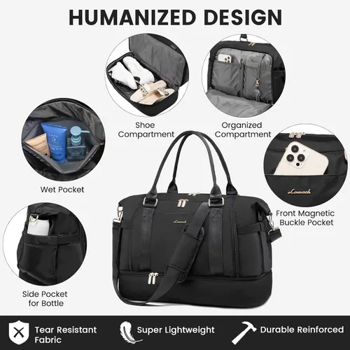 Vista 6 de Bolsa de gimnasio para mujer LOVEVOOK Travel Duffel Bag con puerto de carga USB, Negro