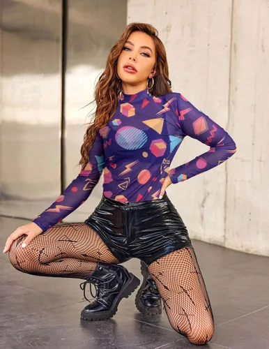 Vista 7 de Camisa de manga larga de malla de los años 80 y 90 para mujer, trajes de fiesta temática de los años 90 y 80, trajes retro sexy de neón con cuello