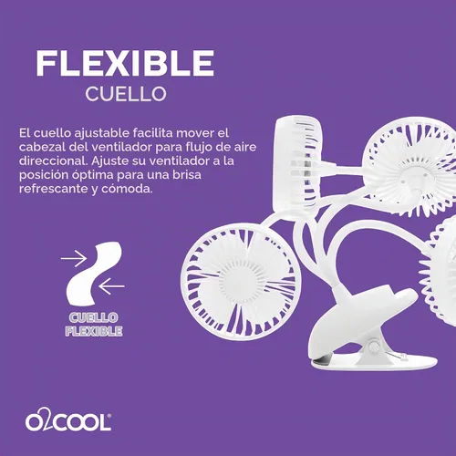 Vista 5 de O2COOL Ventilador recargable con clip de batería USB con cuello de cisne de 3 velocidades