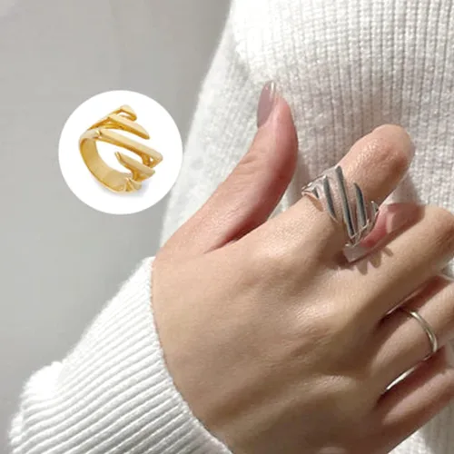 Vista 2 de jaizu Anillo de sarga en capas, 2023 nuevo anillo de sarga para mujer, anillo minimalista geométrico asimétrico rectangular para mujer