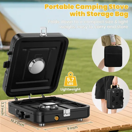 Vista 6 de Estufa de propano para camping, 2 quemadores de 20000 BTU, estufa de propano plegable portátil con bolsa de transporte, quemadores de alto calor
