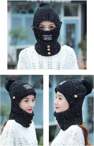 Vista 2 de Máscara 2 en 1 para mujer, bufanda de punto, gorro elástico cálido de invierno con protectores de oídos, resistente al viento, gorra integrada