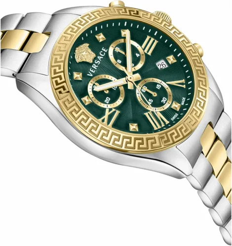 Vista 3 de Versace Greca Chrono Collection Reloj de lujo para mujer con una pulsera de oroplata con una caja de dos tonos y esfera verde, Verde, Greca Chrono