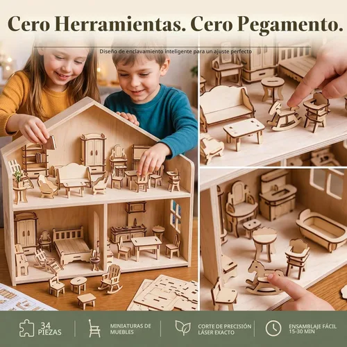 Vista 5 de LOVEINUSA Conjunto de muebles de casa de muñecas de madera, accesorios de habitación en miniatura del rompecabezas 3D, madera natural Miniature