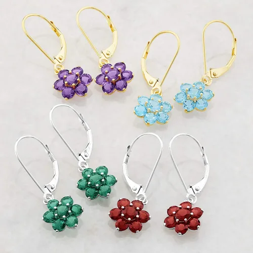 Vista 4 de MAX + STONE - Aretes colgantes de flores de oro blanco o amarillo de 14 quilates para mujer con respaldo de palanca y piedras natales, Metal Gema