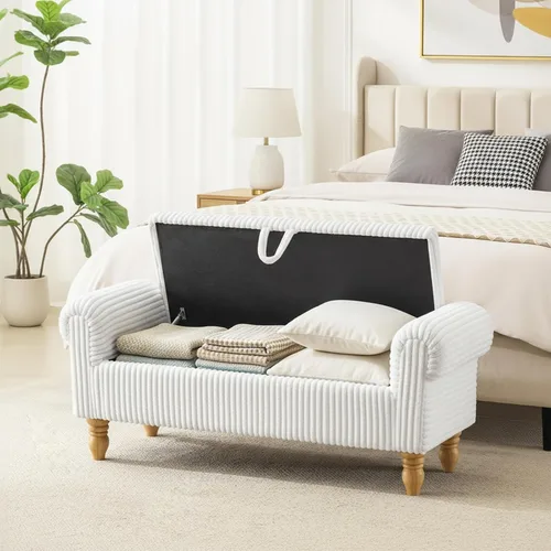 Vista 8 de Banco tapizado de pana de 55 pulgadas con brazos enrollados para dormitorio, color blanco