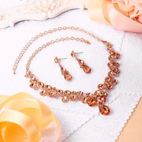 Vista 3 de BriLove Juego de collar y aretes colgantes de cristal para boda para mujer