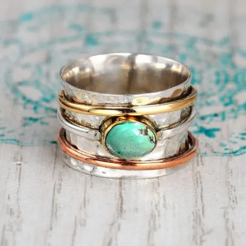 Vista 4 de Anillo giratorio turquesa de banda ancha para mujeres y niñas, anillo de múltiples capas antiestrés y bohemio, anillo envolvente de línea plateada