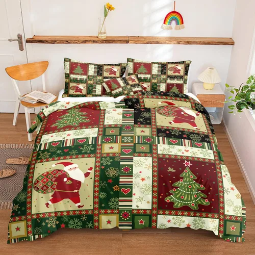 Vista 28 de Juego de ropa de cama de Navidad con funda de edredón de copos de nieve, color blanco y rojo, con estampado navideño, juego de ropa de cama festiva