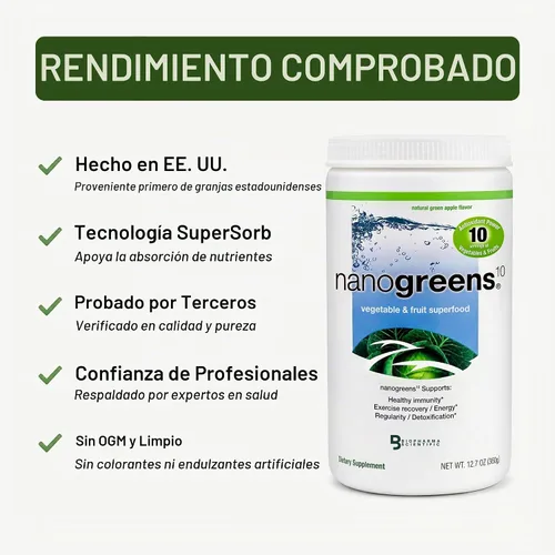 Vista 3 de Producto para preparar bebida Biopharma Scientific NanoGreens 10, 12.7 onzas., NANOG, Verde, 1, 1