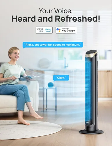 Vista 5 de Dreo - Ventilador de torre WiFi de 40 pulgadas, enfriamiento de alta velocidad de 26 pies por segundo, ventilador silencioso con control remoto