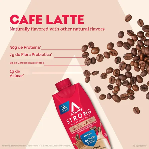 Vista 3 de Atkins - Batido Fuerte de Alta Proteína, Sabor Café Laté, 30g de Proteína, 7g de Fibra Prebiótica, Apoyo para la Salud Muscular y del Intestino