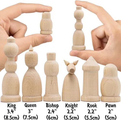 Vista 2 de Juego de 32 piezas de ajedrez de madera sin terminar, solo juego de 32 piezas, pinta tu propio juego de ajedrez, juegos de ajedrez en blanco