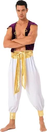 Vista 3 de Conjunto de ropa de Halloween con príncipe árabe para hombre, chaleco con cinturón Bloomers, carnaval, fiesta, club