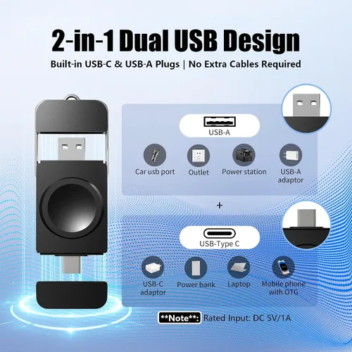 Vista 2 de Cargador portátil para Apple Watch, carga rápida inalámbrica 2 en 1 para Negro