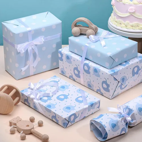Vista 3 de woric Rollo de papel de regalo reversible para baby shower, de 17 pulgadas x 33 pies, papel de regalo para bebé niño con diseño de elefante azul
