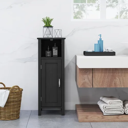 Vista 4 de COSTWAY Bathroom Storage Cabinet, Freestanding Narrow Storage Organizer with Open Shelf & Adjustable Shelf, Small Slim Floor Cabinet for Bathroom