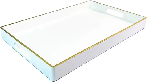 Vista 9 de Bandeja decorativa azul para mesa de café, bandeja de servir redonda de plástico con cuentas para encimera de cocina, otomana, sala de estar, (13")