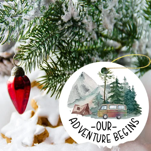Vista 5 de Primer adorno de Navidad, recuerdo rústico con tienda de campaña y árbol verde, 2021, 1ª aventura de Navidad, regalo de boda para parejas recién