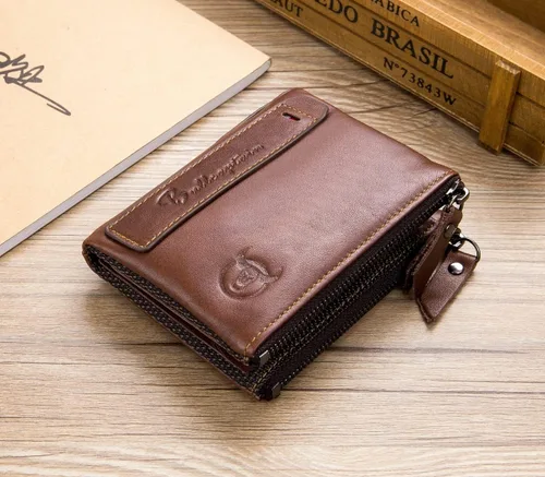 Vista 6 de BULLCAPTAIN Cartera de cuero genuino para hombre estilo vintage con doble cremallera monedero Coffee 47x12x37HxWxL Casual