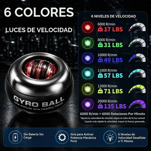 Vista 5 de Gyroball ejercitador de muñeca bola de arranque automático 5 niveles de resistencia control de luz giroscópico antebrazo entrenador brazo