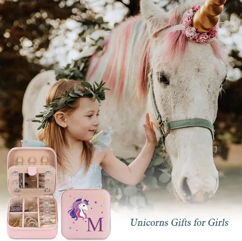 Vista 4 de Parima Organizador de joyas de viaje de unicornio - Pequeño joyero rosa con inicial para niñas y mujeres Regalo de cumpleaños personalizado Idea