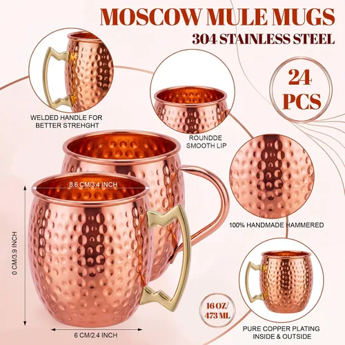 Vista 5 de 24 tazas Moscow Mule de 16 onzas de oro rosa martillado