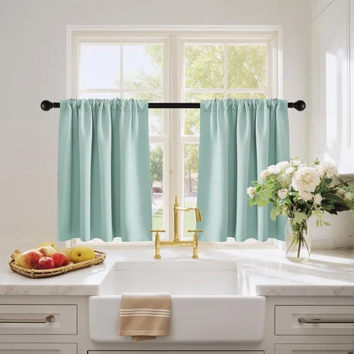 Vista 4 de PONY DANCE - Cortinas opacas pequeñas azul aguamarina para cocina, sobre fregadero, para caravana, con aislamiento térmico y bolsillo para barra, 2